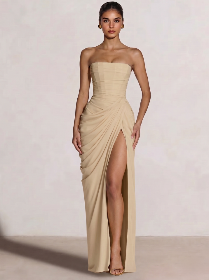 A-Line/Princess Prom Dresses Strapless  Floor-Length Side Split With Back Lace-Up Long Prom Dresses