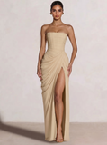A-Line/Princess Prom Dresses Strapless  Floor-Length Side Split With Back Lace-Up Long Prom Dresses