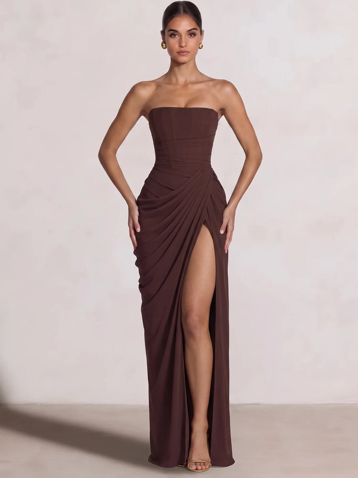 A-Line/Princess Prom Dresses Strapless  Floor-Length Side Split With Back Lace-Up Long Prom Dresses