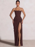 A-Line/Princess Prom Dresses Strapless  Floor-Length Side Split With Back Lace-Up Long Prom Dresses