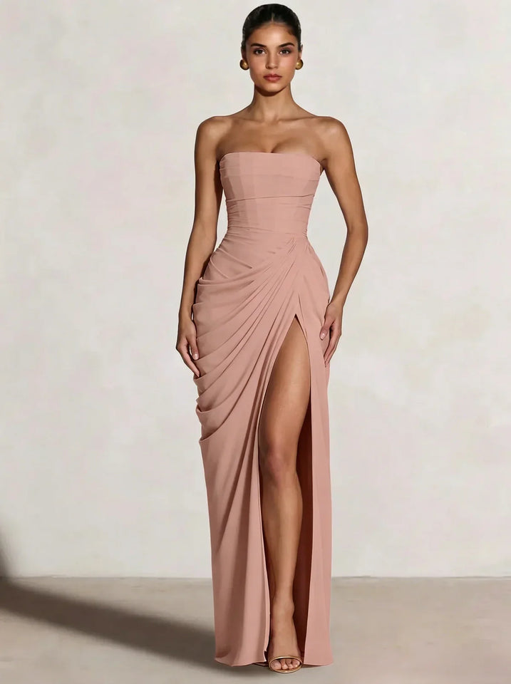 A-Line/Princess Prom Dresses Strapless  Floor-Length Side Split With Back Lace-Up Long Prom Dresses