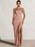 A-Line/Princess Prom Dresses Strapless  Floor-Length Side Split With Back Lace-Up Long Prom Dresses