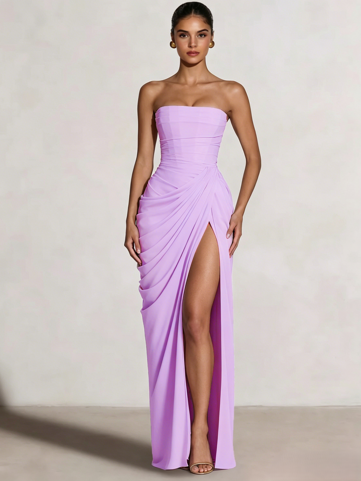 A-Line/Princess Prom Dresses Strapless  Floor-Length Side Split With Back Lace-Up Long Prom Dresses