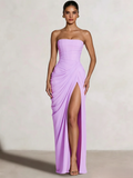 A-Line/Princess Prom Dresses Strapless  Floor-Length Side Split With Back Lace-Up Long Prom Dresses
