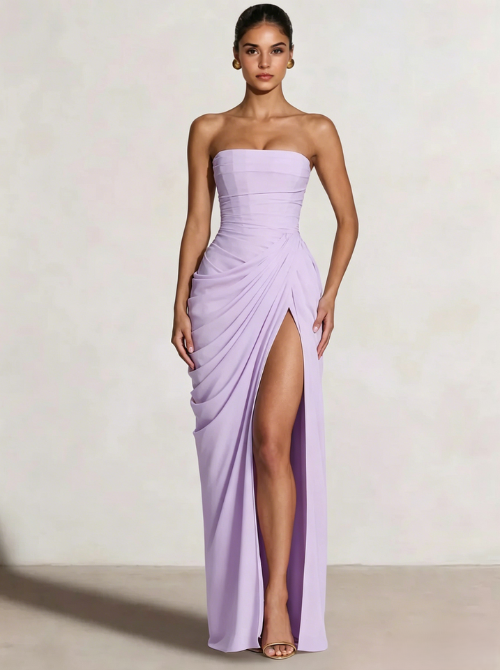 A-Line/Princess Prom Dresses Strapless  Floor-Length Side Split With Back Lace-Up Long Prom Dresses
