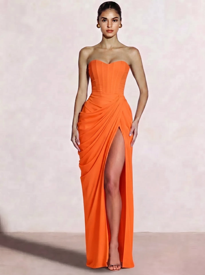 A-Line/Princess Prom Dresses Strapless  Floor-Length Side Split With Back Lace-Up Long Prom Dresses