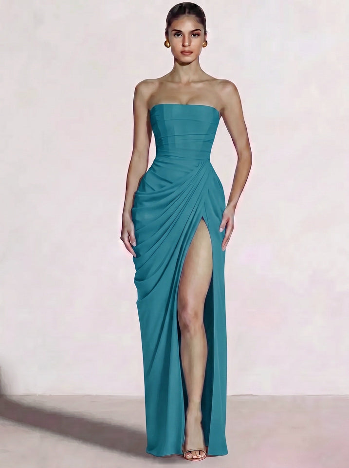 A-Line/Princess Prom Dresses Strapless  Floor-Length Side Split With Back Lace-Up Long Prom Dresses