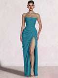 A-Line/Princess Prom Dresses Strapless  Floor-Length Side Split With Back Lace-Up Long Prom Dresses