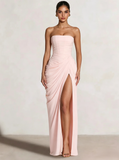 A-Line/Princess Prom Dresses Strapless  Floor-Length Side Split With Back Lace-Up Long Prom Dresses