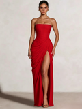 A-Line/Princess Prom Dresses Strapless  Floor-Length Side Split With Back Lace-Up Long Prom Dresses