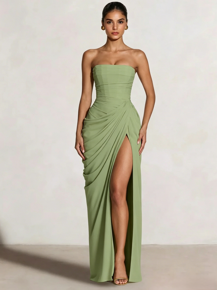 A-Line/Princess Prom Dresses Strapless  Floor-Length Side Split With Back Lace-Up Long Prom Dresses