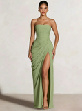 A-Line/Princess Prom Dresses Strapless  Floor-Length Side Split With Back Lace-Up Long Prom Dresses
