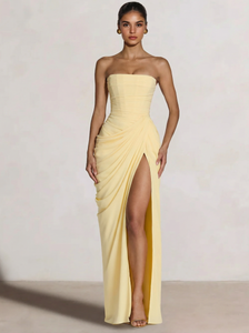 A-Line/Princess Prom Dresses Strapless  Floor-Length Side Split With Back Lace-Up Long Prom Dresses