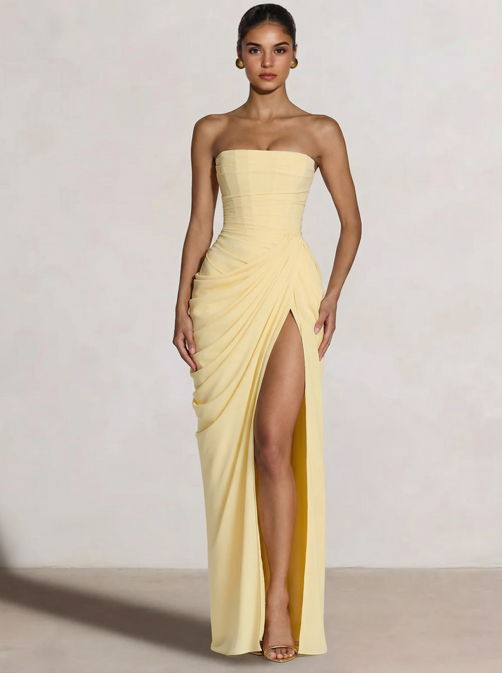 A-Line/Princess Prom Dresses Strapless  Floor-Length Side Split With Back Lace-Up Long Prom Dresses