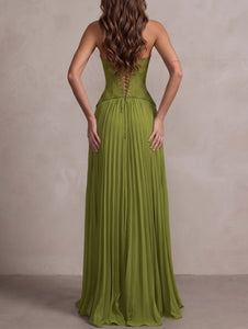 A-Line/Princess Wedding Guest Dress Halter Neck Pleated Corset Maxi Formal Dresses