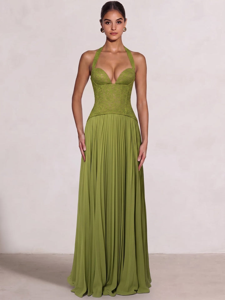 A-Line/Princess Wedding Guest Dress Halter Neck Pleated Corset Maxi Formal Dresses