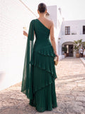 A-Line/Princess Formal Dresses Chiffon One-Shoulder Sleeveless Floor-Length Ruched Tiered Ruffles With Long Drape