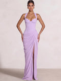 Sheath/Column Evening Dresses Sweetheart Sleeveless Floor-Length Side Split With Boning Criss Cross Straps Lace-Up Formal Dresses