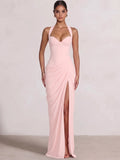 Sheath/Column Evening Dresses Sweetheart Sleeveless Floor-Length Side Split With Boning Criss Cross Straps Lace-Up Formal Dresses