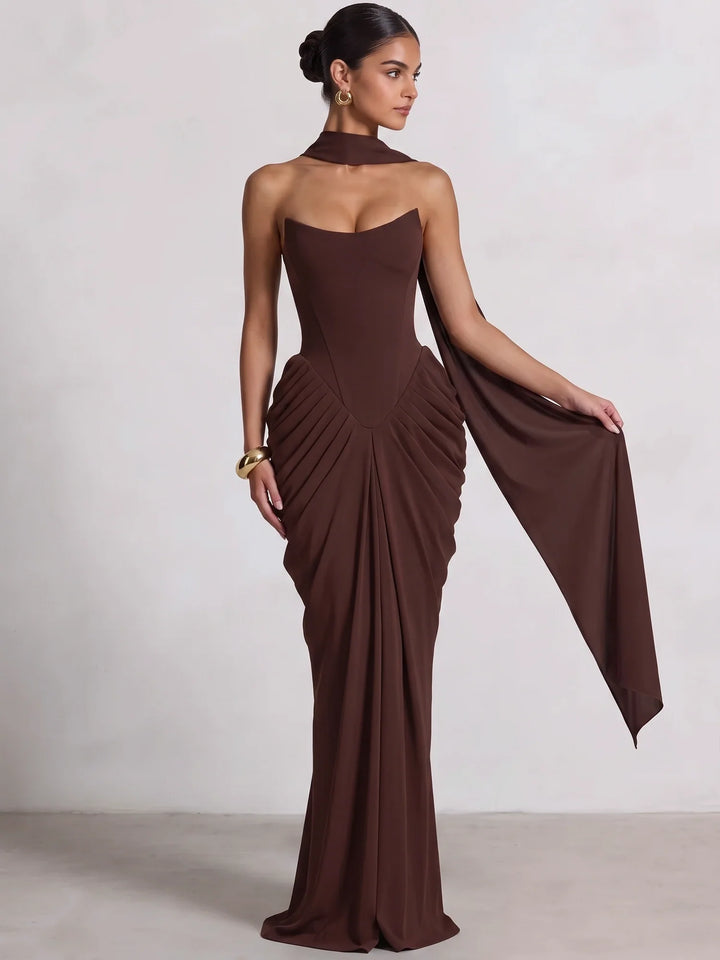 Sheath/Column Evening Dresses Sweetheart Sleeveless Floor-Length Corset Pleats With Scarf Lace-Up Formal Dresses