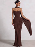 Sheath/Column Evening Dresses Sweetheart Sleeveless Floor-Length Corset Pleats With Scarf Lace-Up Formal Dresses