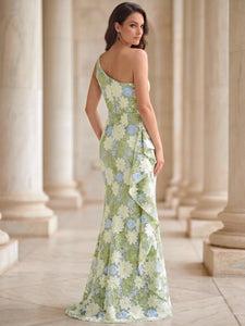 Sheath/Column Evening Dresses Elegant Prom Dress Floral Embroidery Floor-Length Sleeveless One-Shoulder Ruffles With Slid Split Wedding Guest Dress