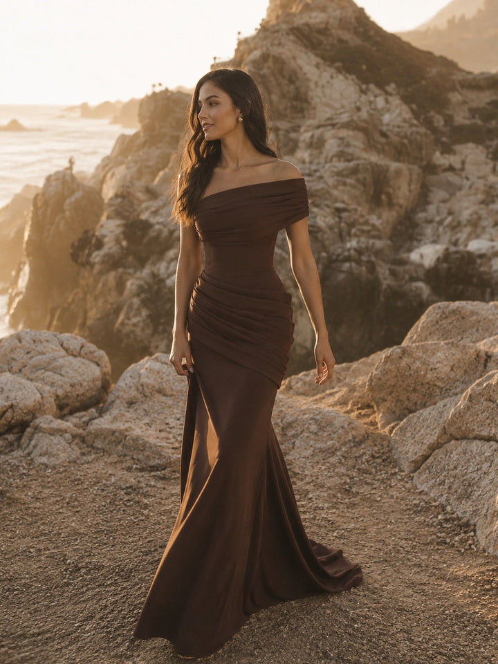 Mermaid Prom Dresses One Shoulder One Short Sleeve Floor-length Formal Dress With Asymmetric Draped Panel