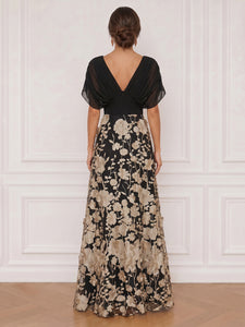A-Line Satin V-Neck Floral Formal Dress