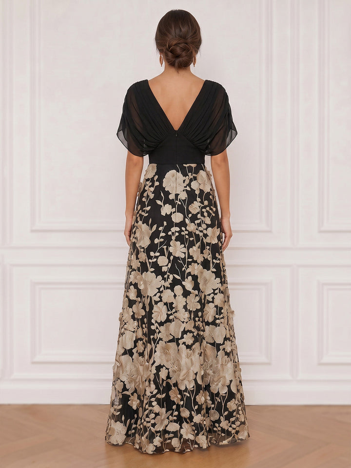 A-Line Evening Dresses Appliques Satin V-Neck Detail Loose Sleeves With Ruched Floor-Length Zipper Floral Elegant Formal Dress