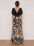 A-Line Evening Dresses Appliques Satin V-Neck Detail Loose Sleeves With Ruched Floor-Length Zipper Floral Elegant Formal Dress