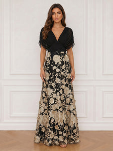 A-Line Satin V-Neck Floral Formal Dress