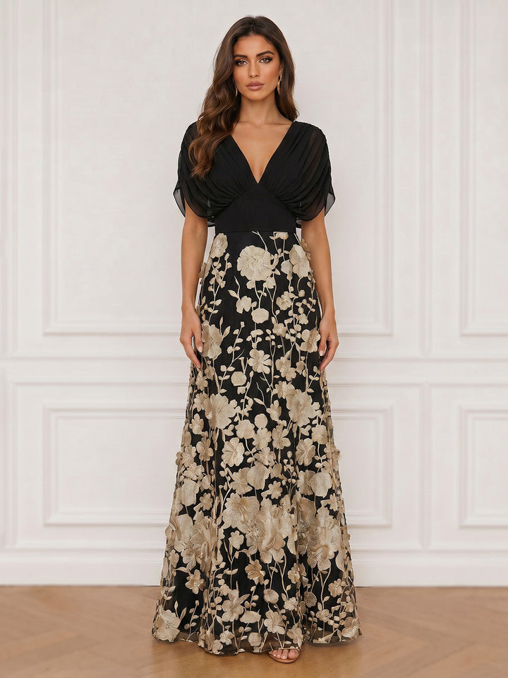 A-Line Evening Dresses Appliques Satin V-Neck Detail Loose Sleeves With Ruched Floor-Length Zipper Floral Elegant Formal Dress