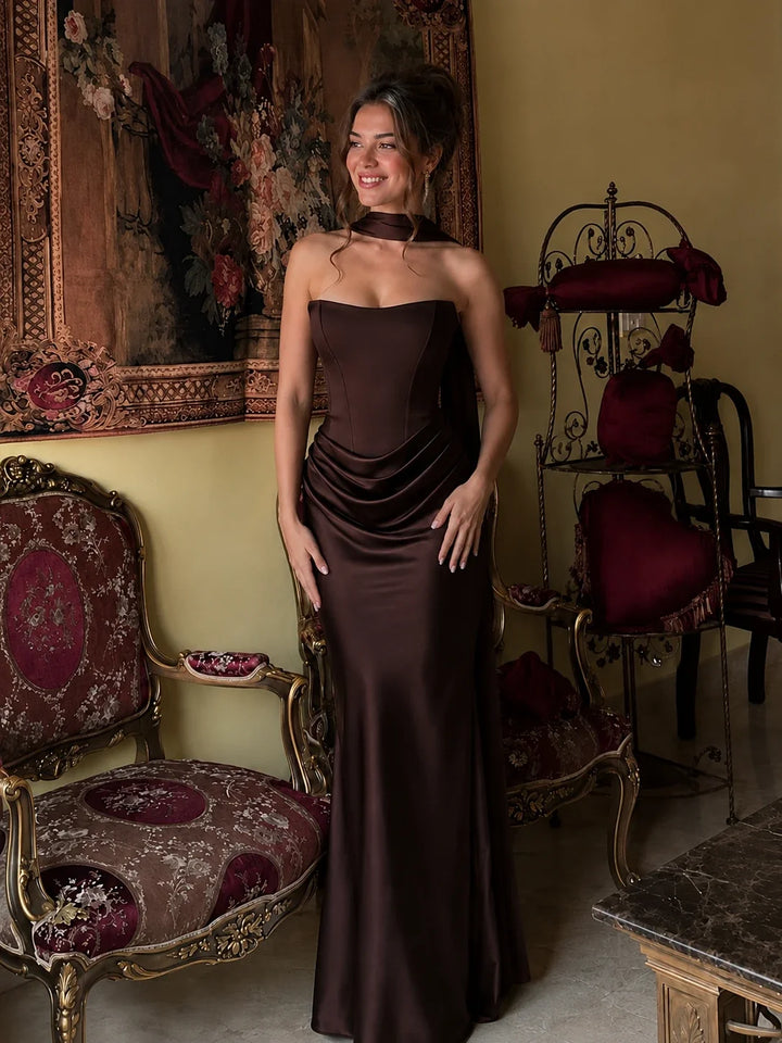 Sheath Column Wedding Guest Dresses Long Prom Corset Ruched Dress Floor-Length Long Satin Evening Dress With Detachable Scarf