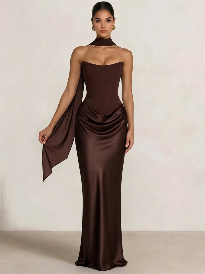 Sheath Column Wedding Guest Dresses Long Prom Corset Ruched Dress Floor-Length Long Satin Evening Dress With Detachable Scarf