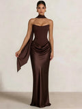 Sheath Column Wedding Guest Dresses Long Prom Corset Ruched Dress Floor-Length Long Satin Evening Dress With Detachable Scarf