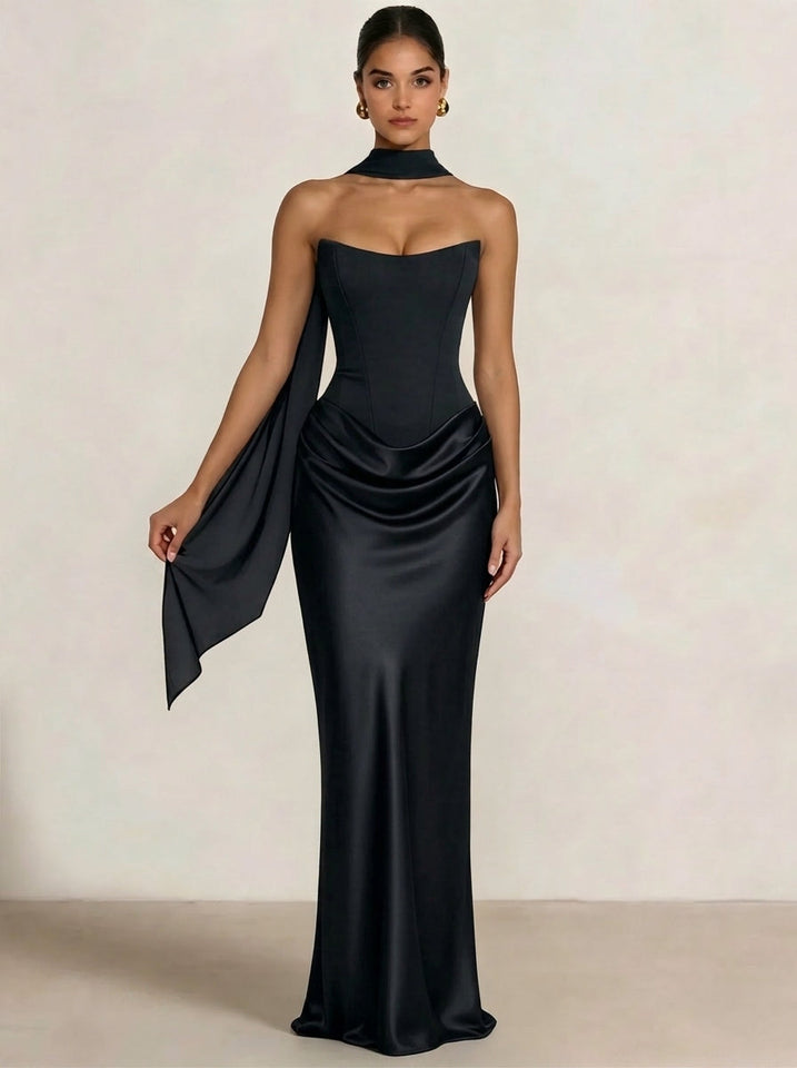 Sheath Column Wedding Guest Dresses Long Prom Corset Ruched Dress Floor-Length Long Satin Evening Dress With Detachable Scarf