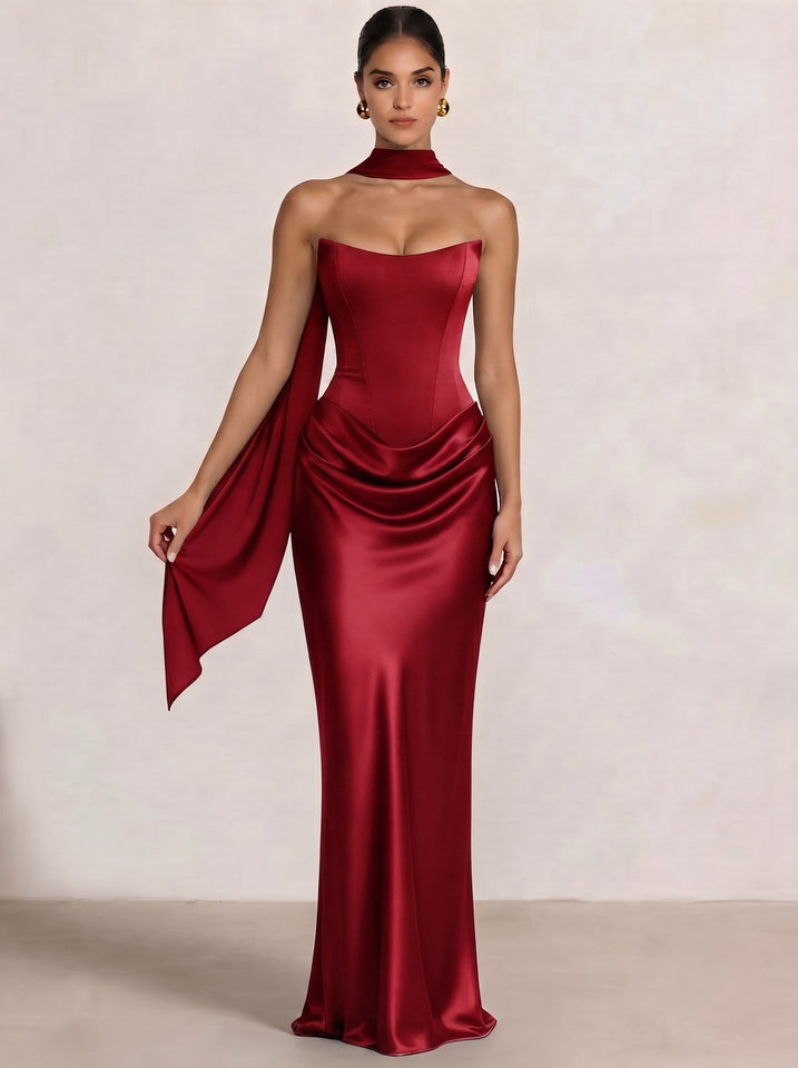 Sheath Column Wedding Guest Dresses Long Prom Corset Ruched Dress Floor-Length Long Satin Evening Dress With Detachable Scarf