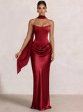 Sheath Column Wedding Guest Dresses Long Prom Corset Ruched Dress Floor-Length Long Satin Evening Dress With Detachable Scarf
