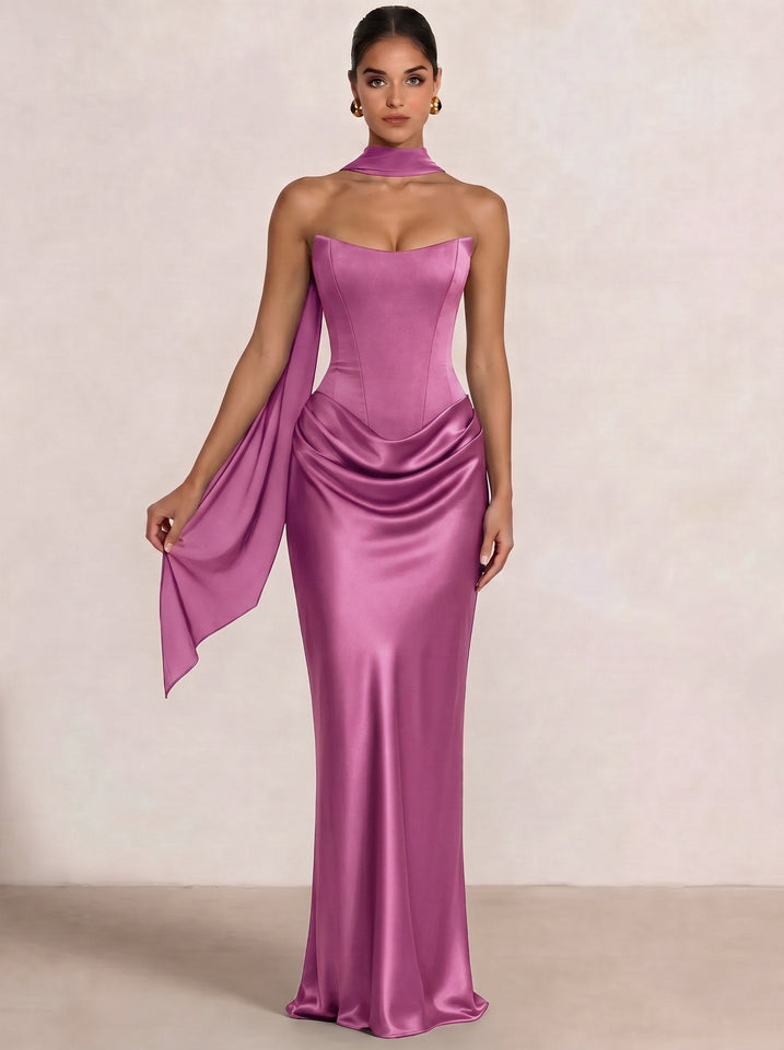 Sheath Column Wedding Guest Dresses Long Prom Corset Ruched Dress Floor-Length Long Satin Evening Dress With Detachable Scarf