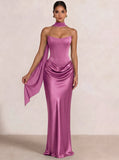 Sheath Column Wedding Guest Dresses Long Prom Corset Ruched Dress Floor-Length Long Satin Evening Dress With Detachable Scarf