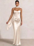 Sheath Column Wedding Guest Dresses Long Prom Corset Ruched Dress Floor-Length Long Satin Evening Dress With Detachable Scarf