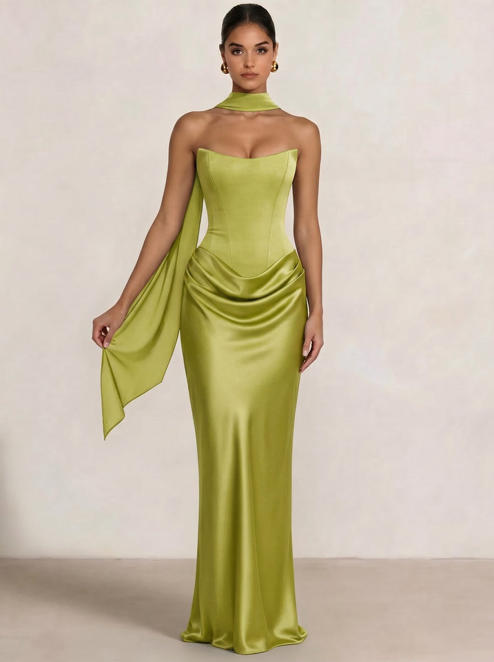 Sheath Column Wedding Guest Dresses Long Prom Corset Ruched Dress Floor-Length Long Satin Evening Dress With Detachable Scarf