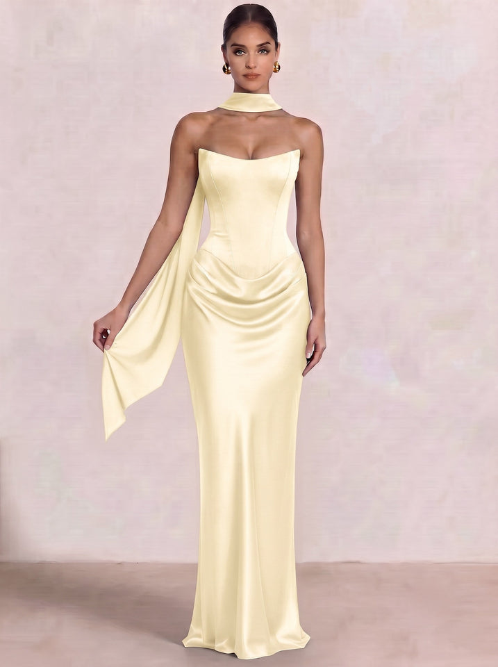 Sheath Column Wedding Guest Dresses Long Prom Corset Ruched Dress Floor-Length Long Satin Evening Dress With Detachable Scarf