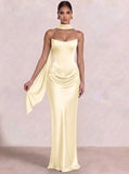 Sheath Column Wedding Guest Dresses Long Prom Corset Ruched Dress Floor-Length Long Satin Evening Dress With Detachable Scarf