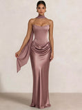 Sheath Column Wedding Guest Dresses Long Prom Corset Ruched Dress Floor-Length Long Satin Evening Dress With Detachable Scarf