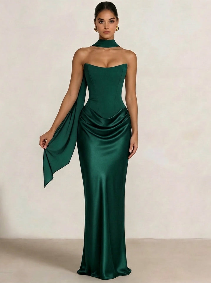 Sheath Column Wedding Guest Dresses Long Prom Corset Ruched Dress Floor-Length Long Satin Evening Dress With Detachable Scarf