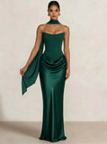 Sheath Column Wedding Guest Dresses Long Prom Corset Ruched Dress Floor-Length Long Satin Evening Dress With Detachable Scarf