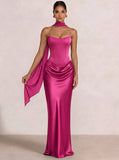 Sheath Column Wedding Guest Dresses Long Prom Corset Ruched Dress Floor-Length Long Satin Evening Dress With Detachable Scarf