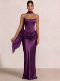 Sheath Column Wedding Guest Dresses Long Prom Corset Ruched Dress Floor-Length Long Satin Evening Dress With Detachable Scarf
