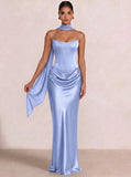Sheath Column Wedding Guest Dresses Long Prom Corset Ruched Dress Floor-Length Long Satin Evening Dress With Detachable Scarf
